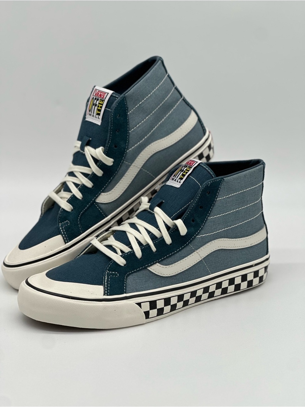 Vans Mid-Top Sneakers in Teal and White with Checkerboard Sole